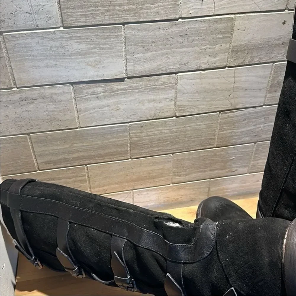 New Free People Tristie Buckle Strap Knee-High Biker Boots Black Leather US 9